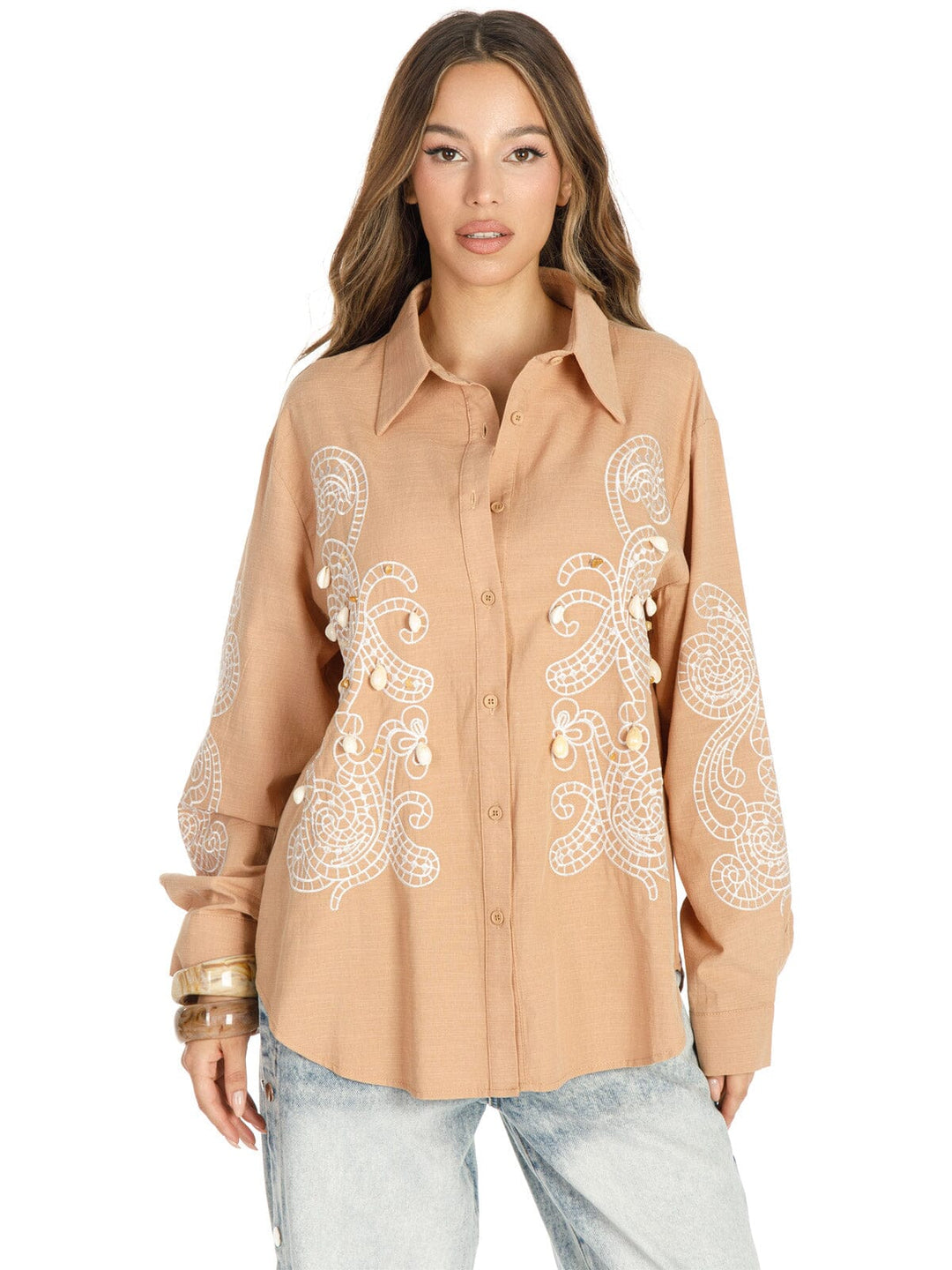 WOMEN'S LONG SLEEVE BUTTON UP EMBROIDERY DETAILED BLOUSE