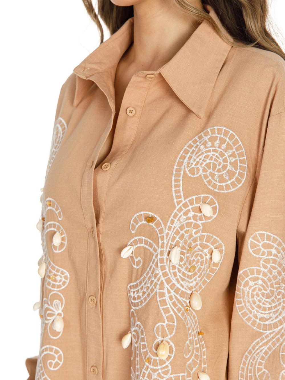 WOMEN'S LONG SLEEVE BUTTON UP EMBROIDERY DETAILED BLOUSE
