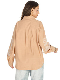 WOMEN'S LONG SLEEVE BUTTON UP EMBROIDERY DETAILED BLOUSE