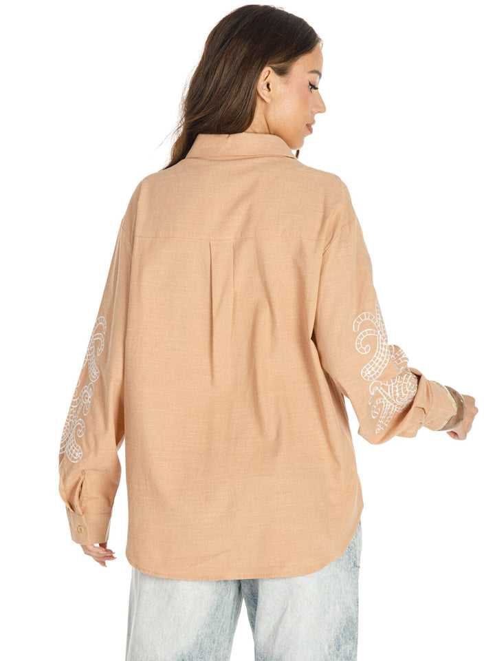 WOMEN'S LONG SLEEVE BUTTON UP EMBROIDERY DETAILED BLOUSE