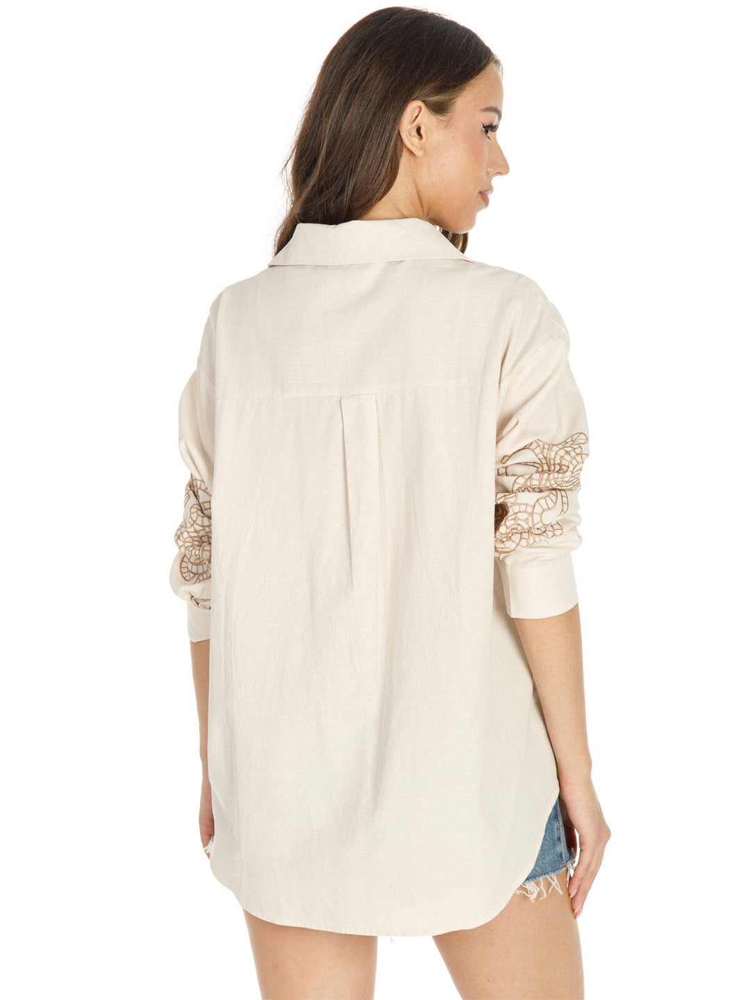 WOMEN'S LONG SLEEVE BUTTON UP EMBROIDERY DETAILED BLOUSE
