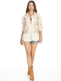 WOMEN'S LONG SLEEVE BUTTON UP EMBROIDERY DETAILED BLOUSE