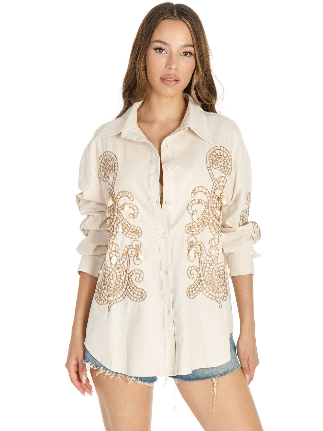 WOMEN'S LONG SLEEVE BUTTON UP EMBROIDERY DETAILED BLOUSE