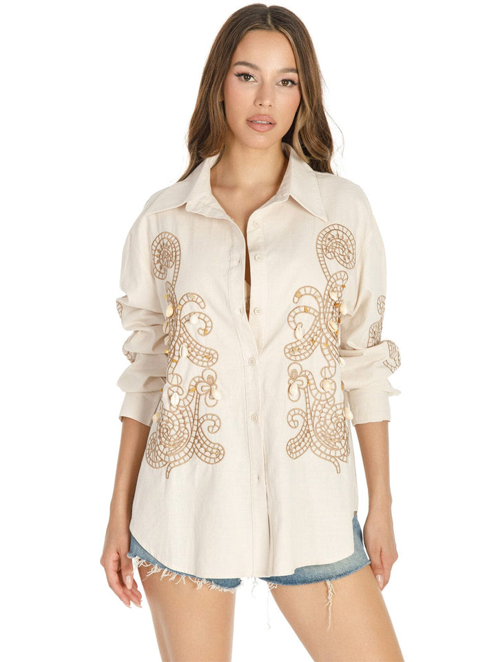 WOMEN'S LONG SLEEVE BUTTON UP EMBROIDERY DETAILED BLOUSE