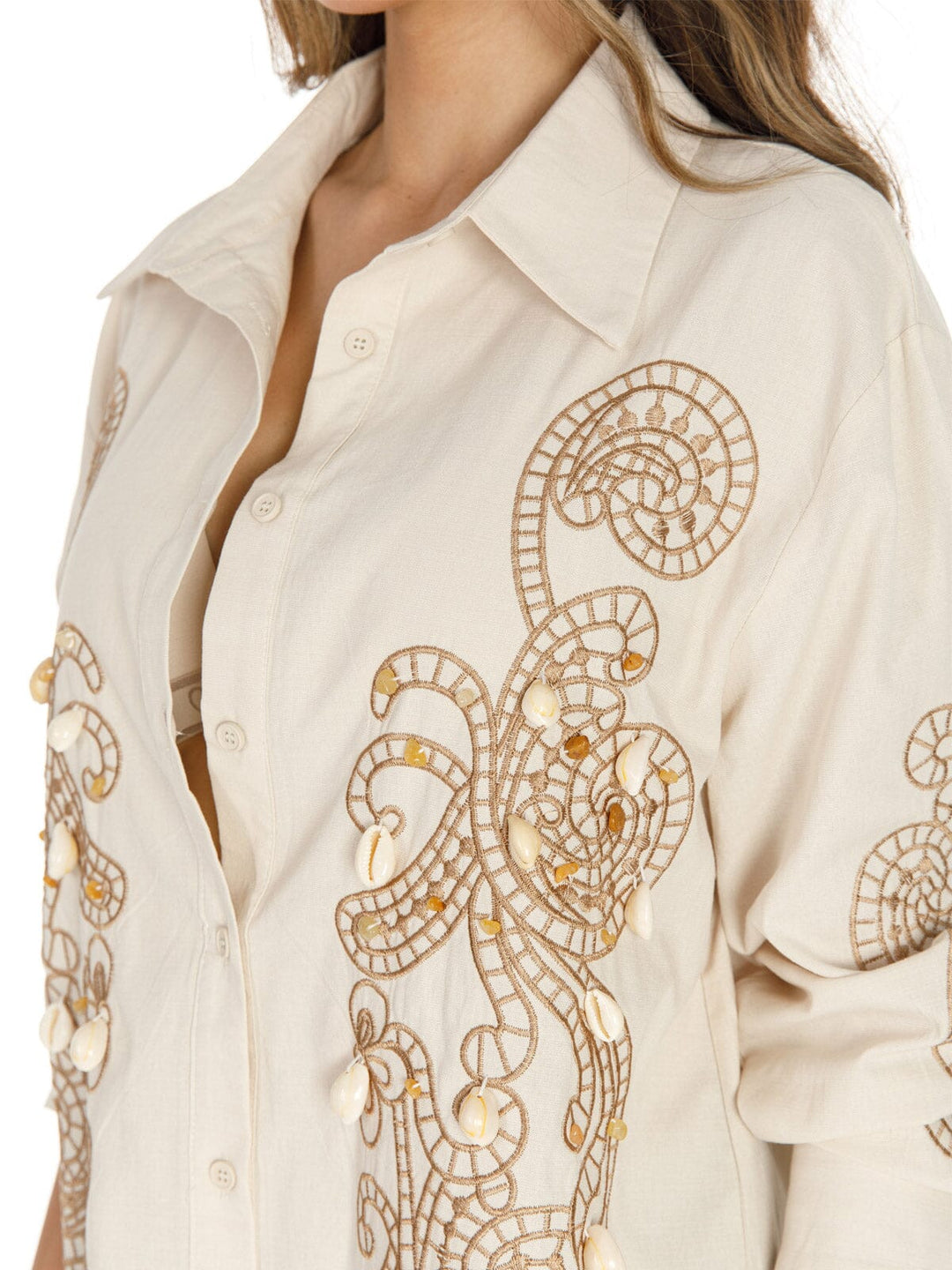 WOMEN'S LONG SLEEVE BUTTON UP EMBROIDERY DETAILED BLOUSE