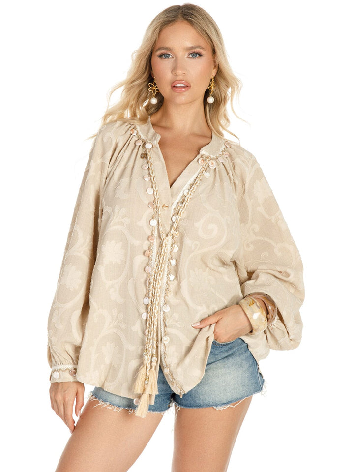 WOMEN'S LONG SLEEVE BUTTON UP DETAILED BLOUSE