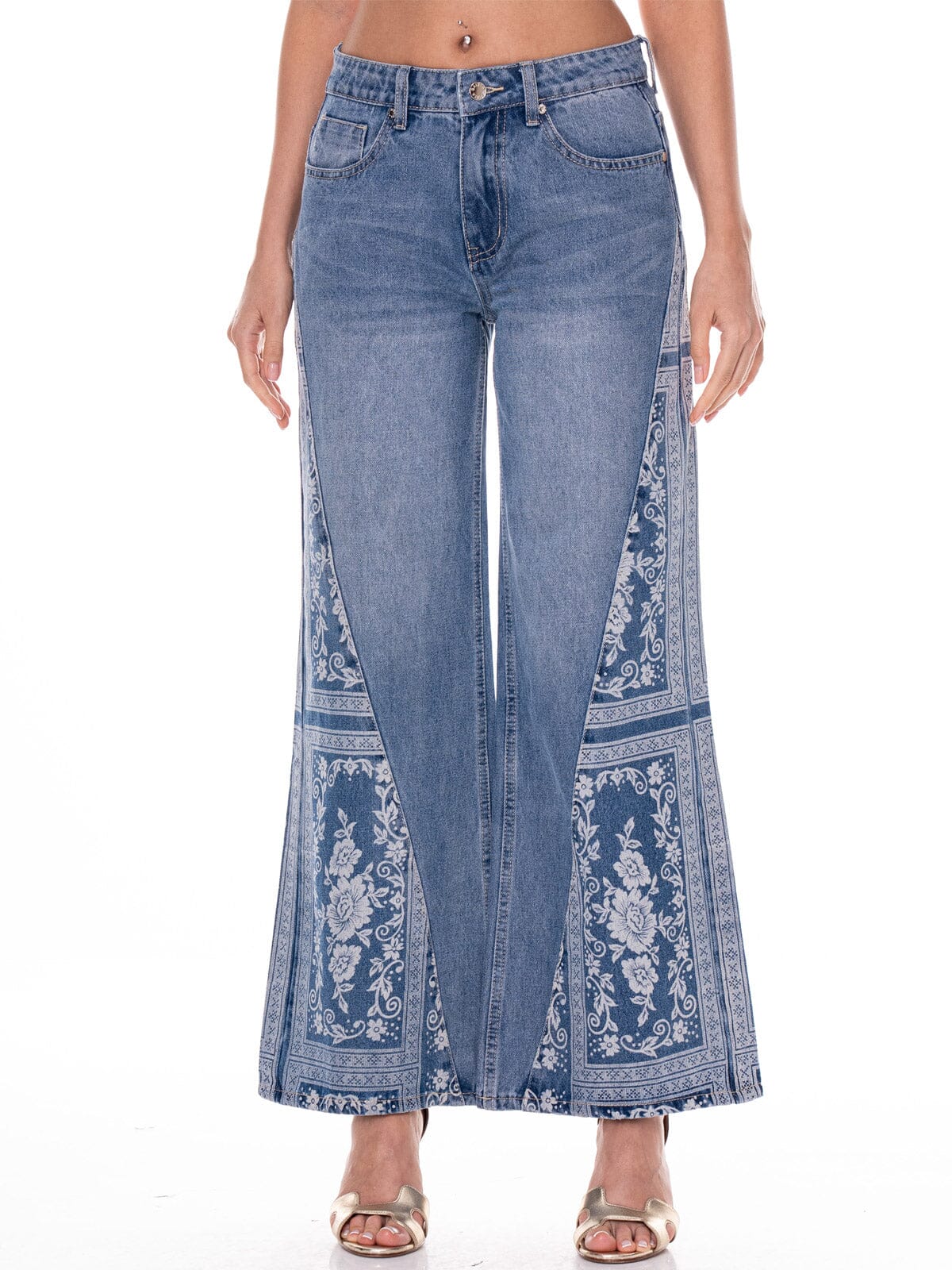 WOMEN'S BUTTON CLOSURE POCKETS WIDE LEG PRINT DENIM PANTS