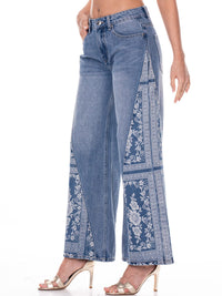 WOMEN'S BUTTON CLOSURE POCKETS WIDE LEG PRINT DENIM PANTS