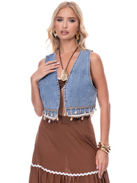 WOMEN'S SLEEVELESS OPEN FRONT DETAILED DENIM VEST