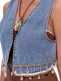 WOMEN'S SLEEVELESS OPEN FRONT DETAILED DENIM VEST