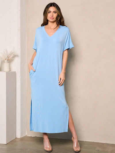 WOMEN'S SHORT SLEEVE SIDE SLIT POCKETS TUNIC MAXI DRESS