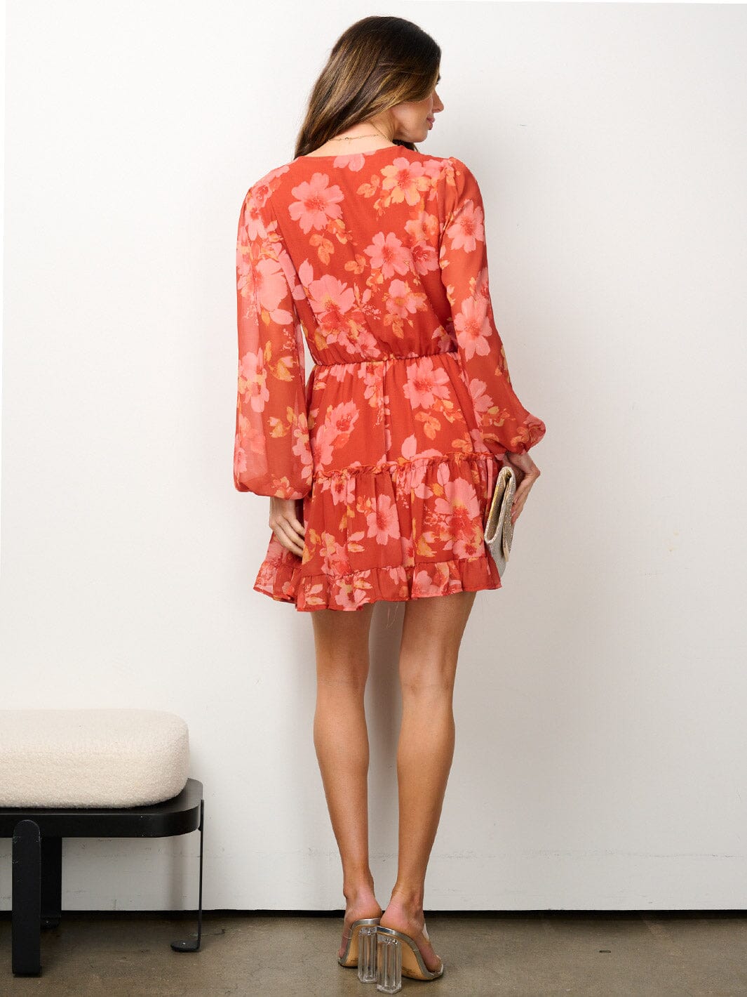 WOMEN'S LONG SLEEVE SURPLICE FLORAL MINI DRESS