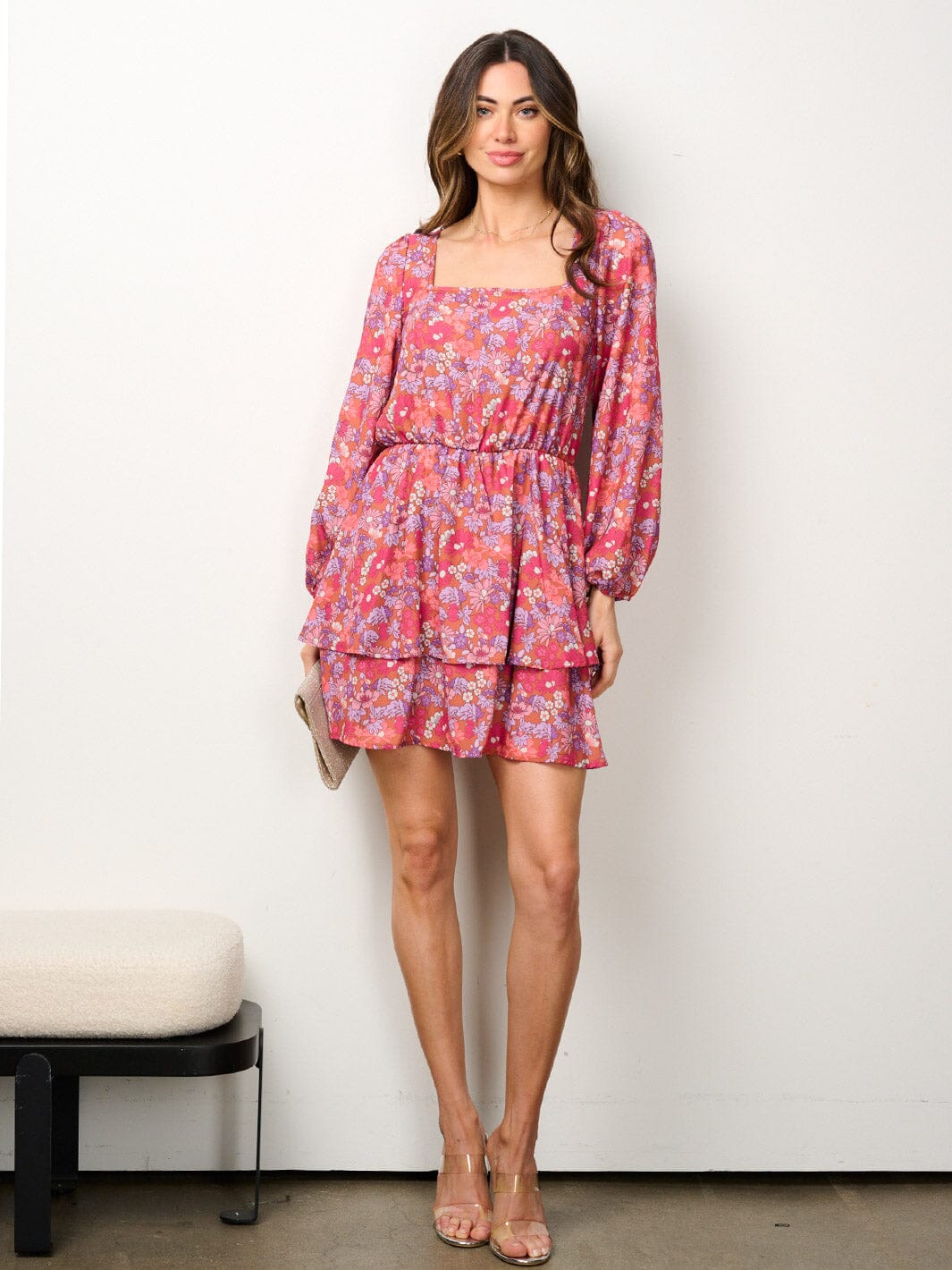 WOMEN'S LONG SLEEVE RUFFLE FLORAL MINI DRESS