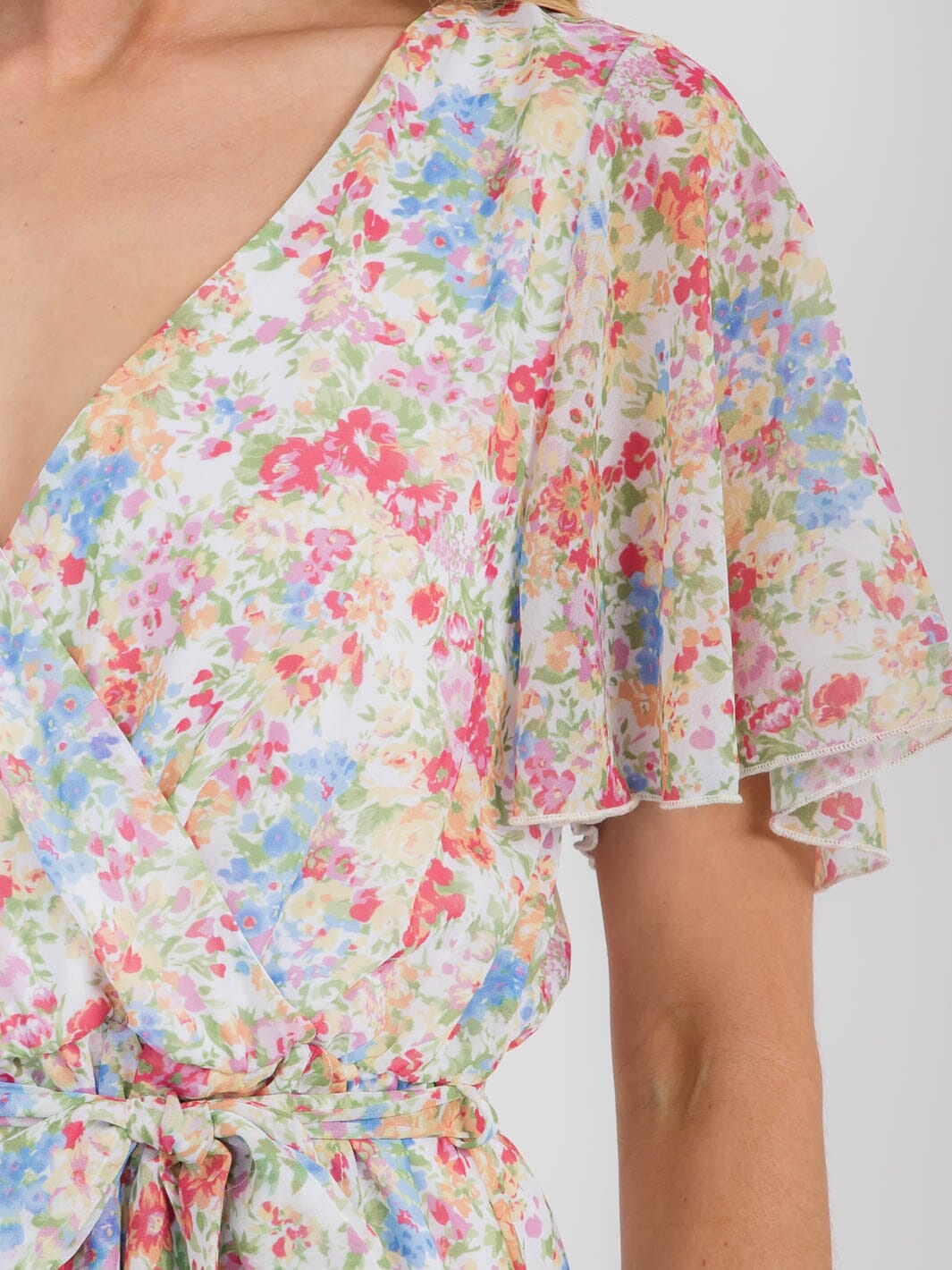 WOMEN'S SHORT SLEEVE SURPLICE SELF TIE FLORAL MINI DRESS