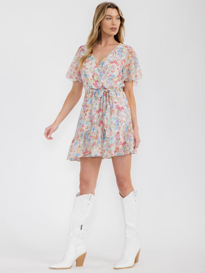 WOMEN'S SHORT SLEEVE SURPLICE SELF TIE FLORAL MINI DRESS