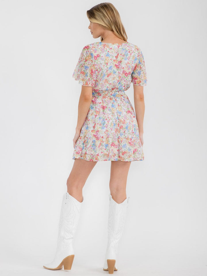 WOMEN'S SHORT SLEEVE SURPLICE SELF TIE FLORAL MINI DRESS