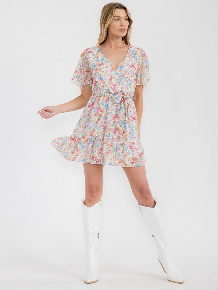 WOMEN'S SHORT SLEEVE SURPLICE SELF TIE FLORAL MINI DRESS