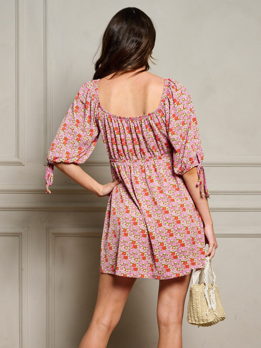 WOMEN'S SHORT SLEEVE ELASTIC WAIST FLORAL MINI DRESS