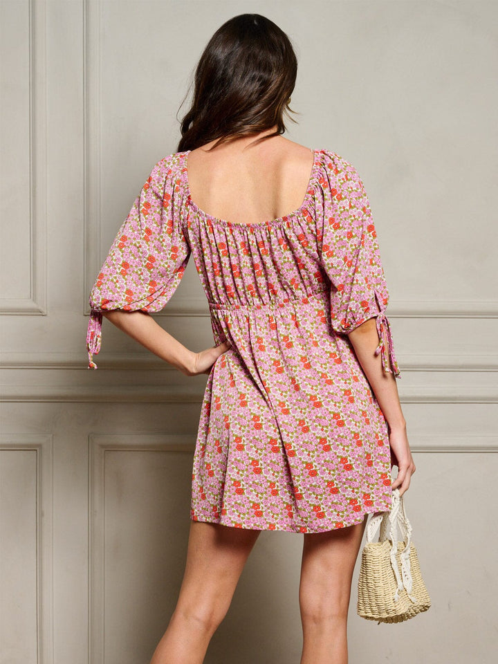 WOMEN'S SHORT SLEEVE ELASTIC WAIST FLORAL MINI DRESS