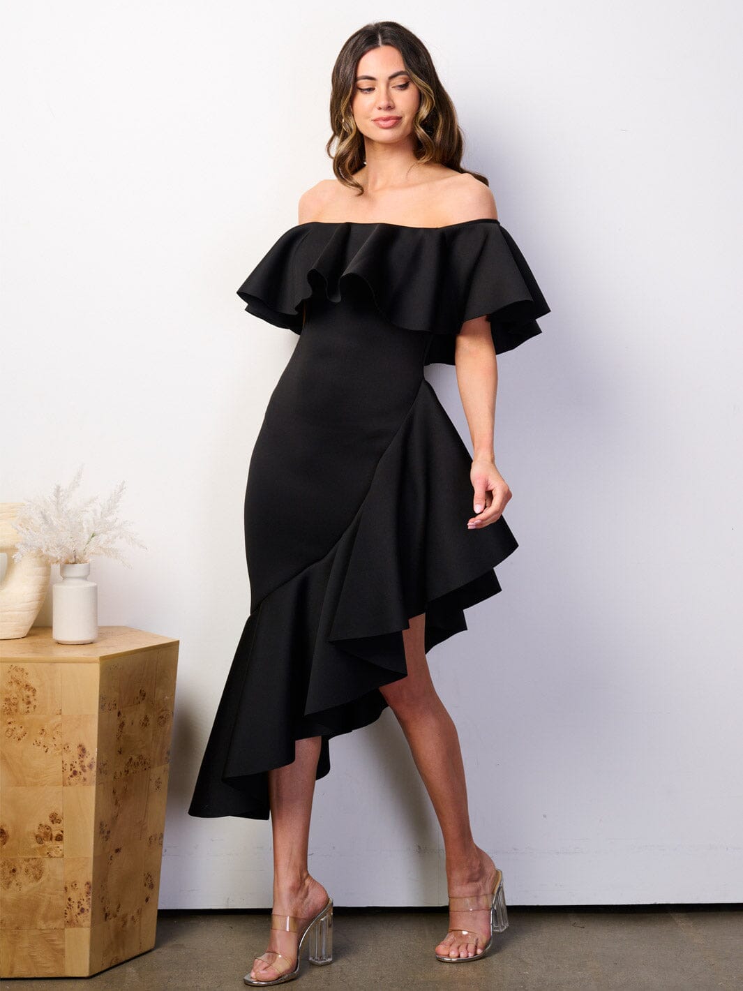 WOMEN'S OFF SHOULDER RUFFLE BANDAGE HIGH-LOW MIDI DRESS