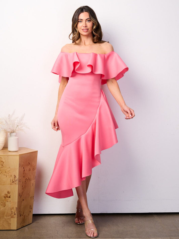 WOMEN'S OFF SHOULDER RUFFLE BANDAGE HIGH-LOW MIDI DRESS