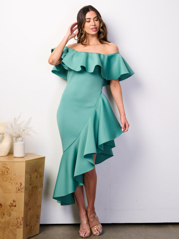 WOMEN'S OFF SHOULDER RUFFLE BANDAGE HIGH-LOW MIDI DRESS
