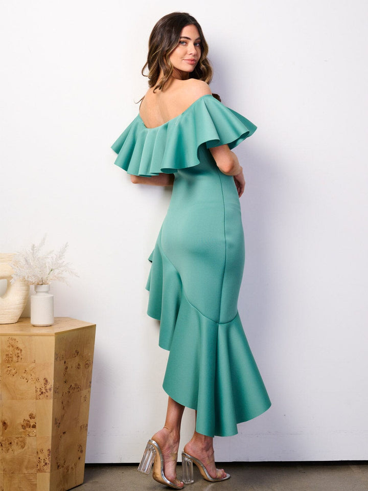 WOMEN'S OFF SHOULDER RUFFLE BANDAGE HIGH-LOW MIDI DRESS