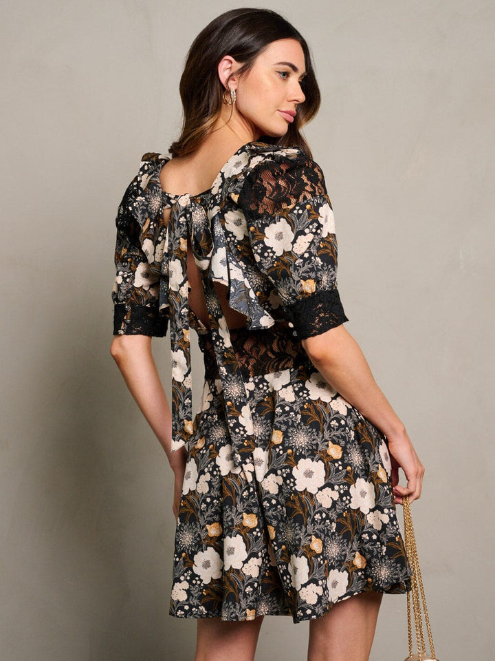 WOMEN'S SHORT SLEEVE SQUARE NECK FLORAL OPEN BACK MINI DRESS
