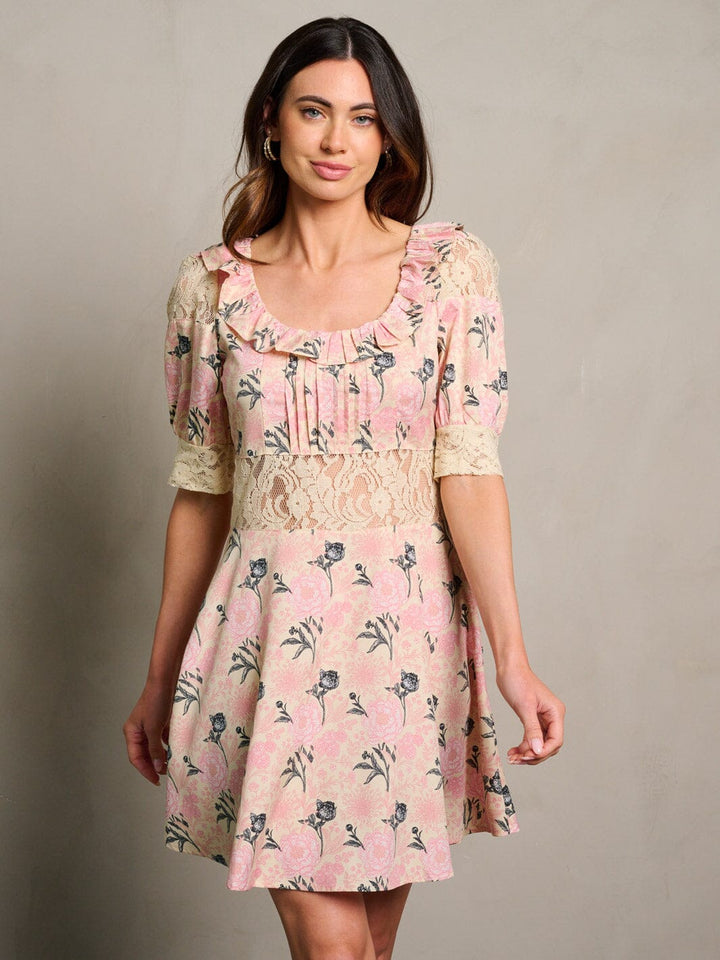 WOMEN'S SHORT SLEEVE SQUARE NECK FLORAL OPEN BACK MINI DRESS