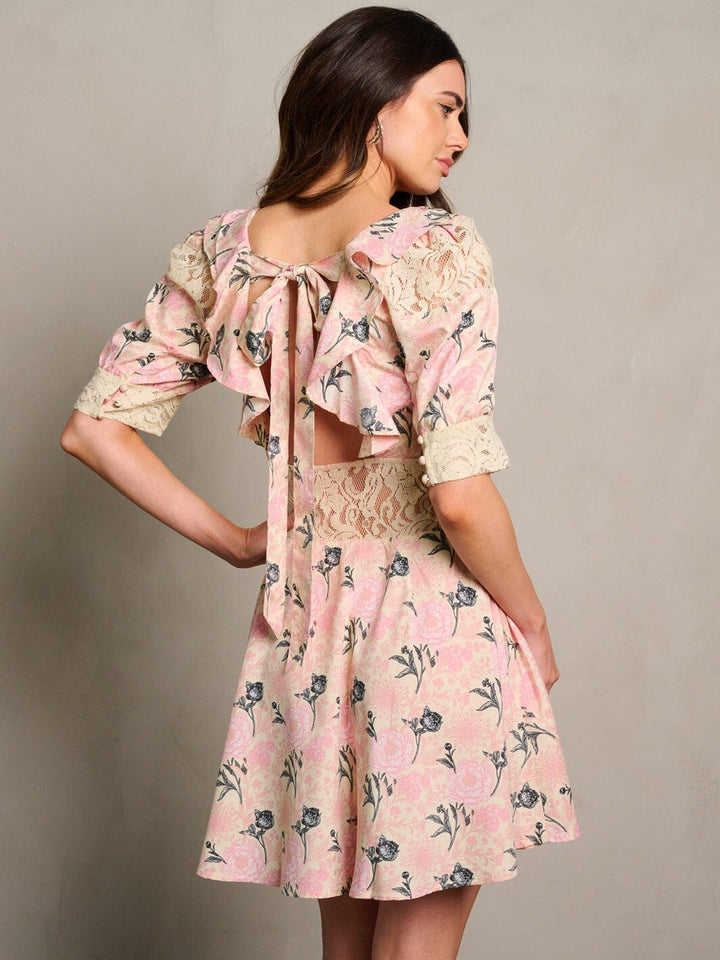 WOMEN'S SHORT SLEEVE SQUARE NECK FLORAL OPEN BACK MINI DRESS