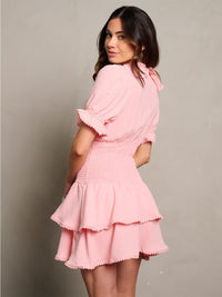 WOMEN'S SHORT SLEEVE SMOCK V-NECK RUFFLE TIERED MINI DRESS
