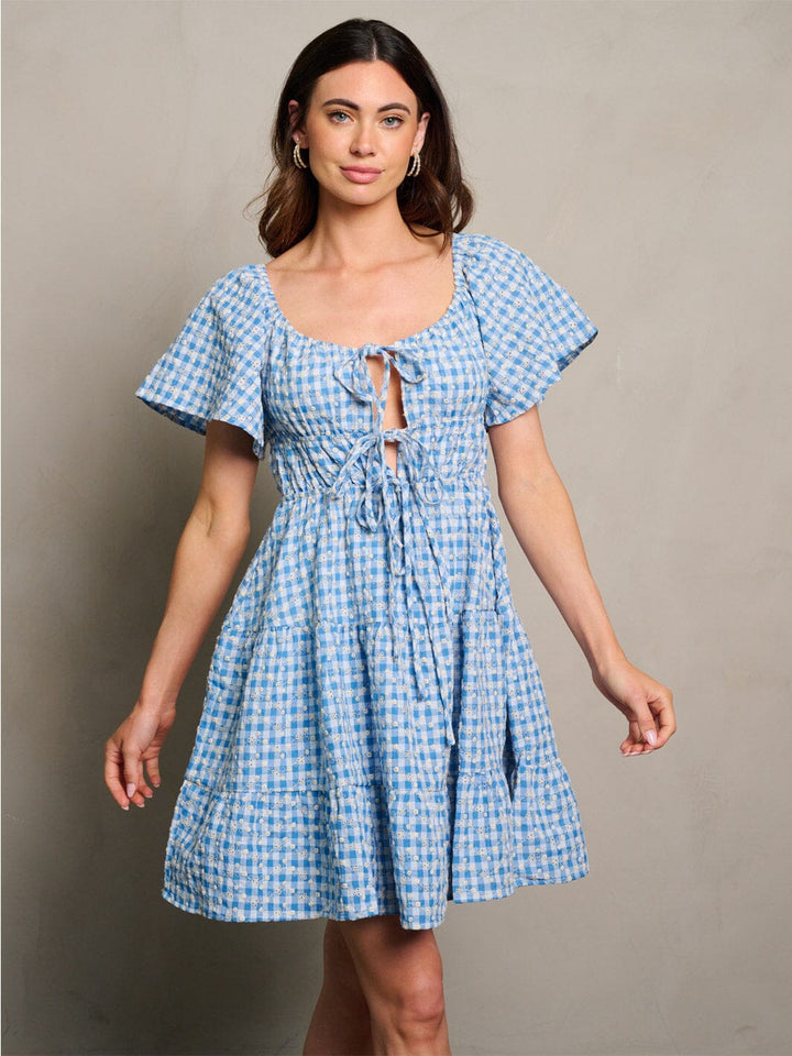 WOMEN'S SHORT SLEEVE CUT OUT FRONT DITSY PLAID MINI DRESS