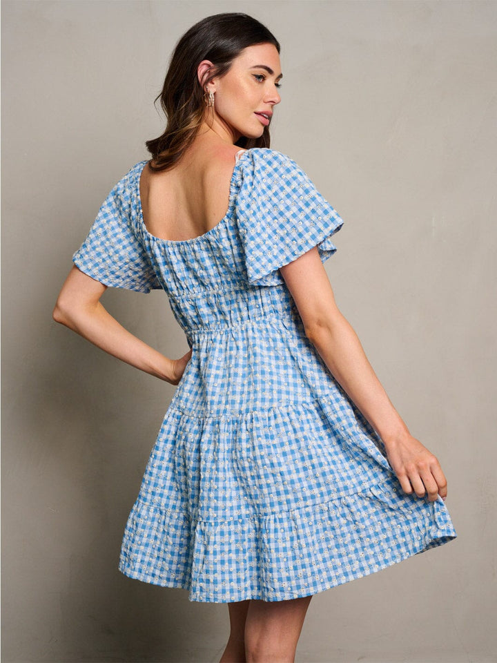 WOMEN'S SHORT SLEEVE CUT OUT FRONT DITSY PLAID MINI DRESS