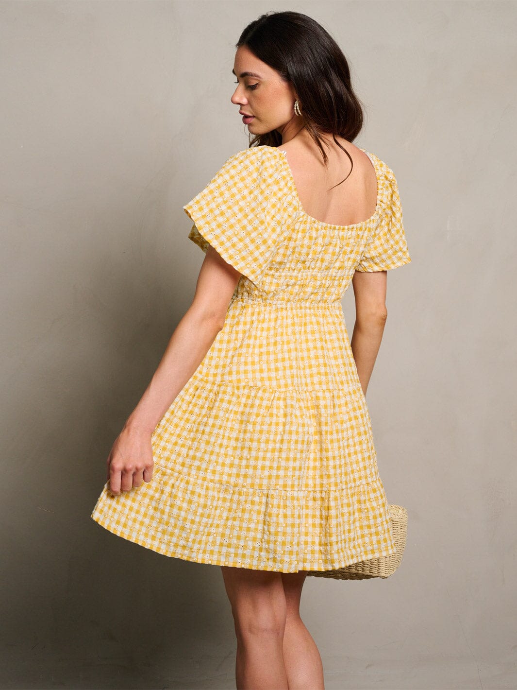 WOMEN'S SHORT SLEEVE CUT OUT FRONT DITSY PLAID MINI DRESS