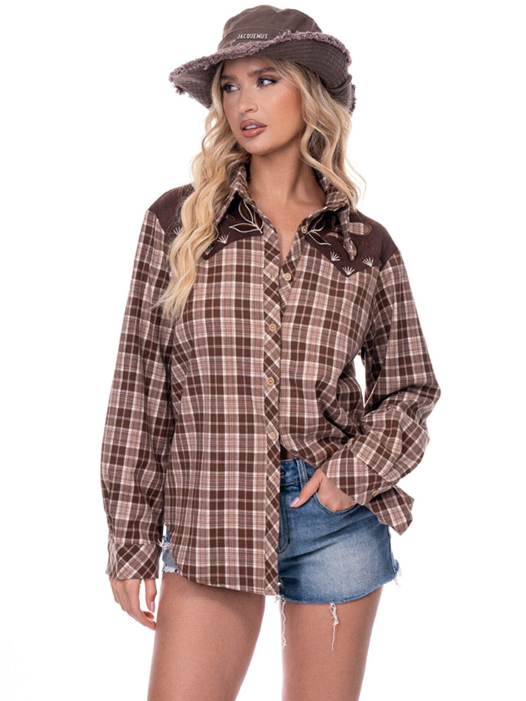 WOMEN'S LONG SLEEVE BUTTON UP EMBROIDERY DETAILED PLAID SHIRT