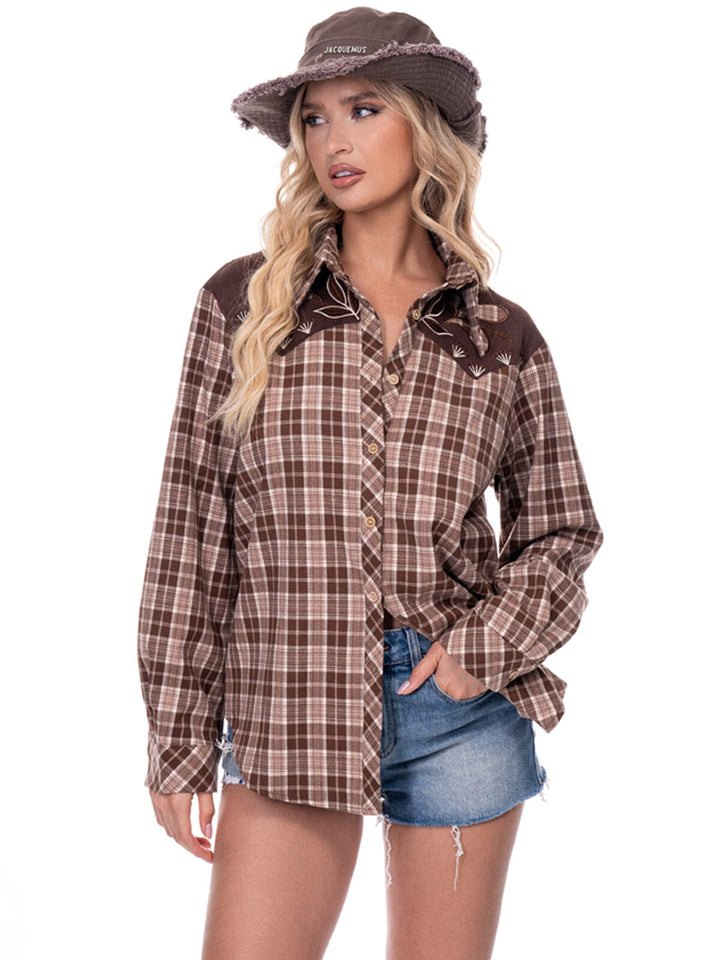 WOMEN'S LONG SLEEVE BUTTON UP EMBROIDERY DETAILED PLAID SHIRT