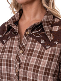 WOMEN'S LONG SLEEVE BUTTON UP EMBROIDERY DETAILED PLAID SHIRT