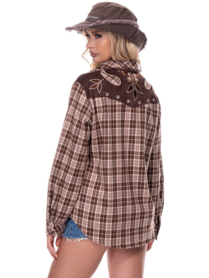 WOMEN'S LONG SLEEVE BUTTON UP EMBROIDERY DETAILED PLAID SHIRT