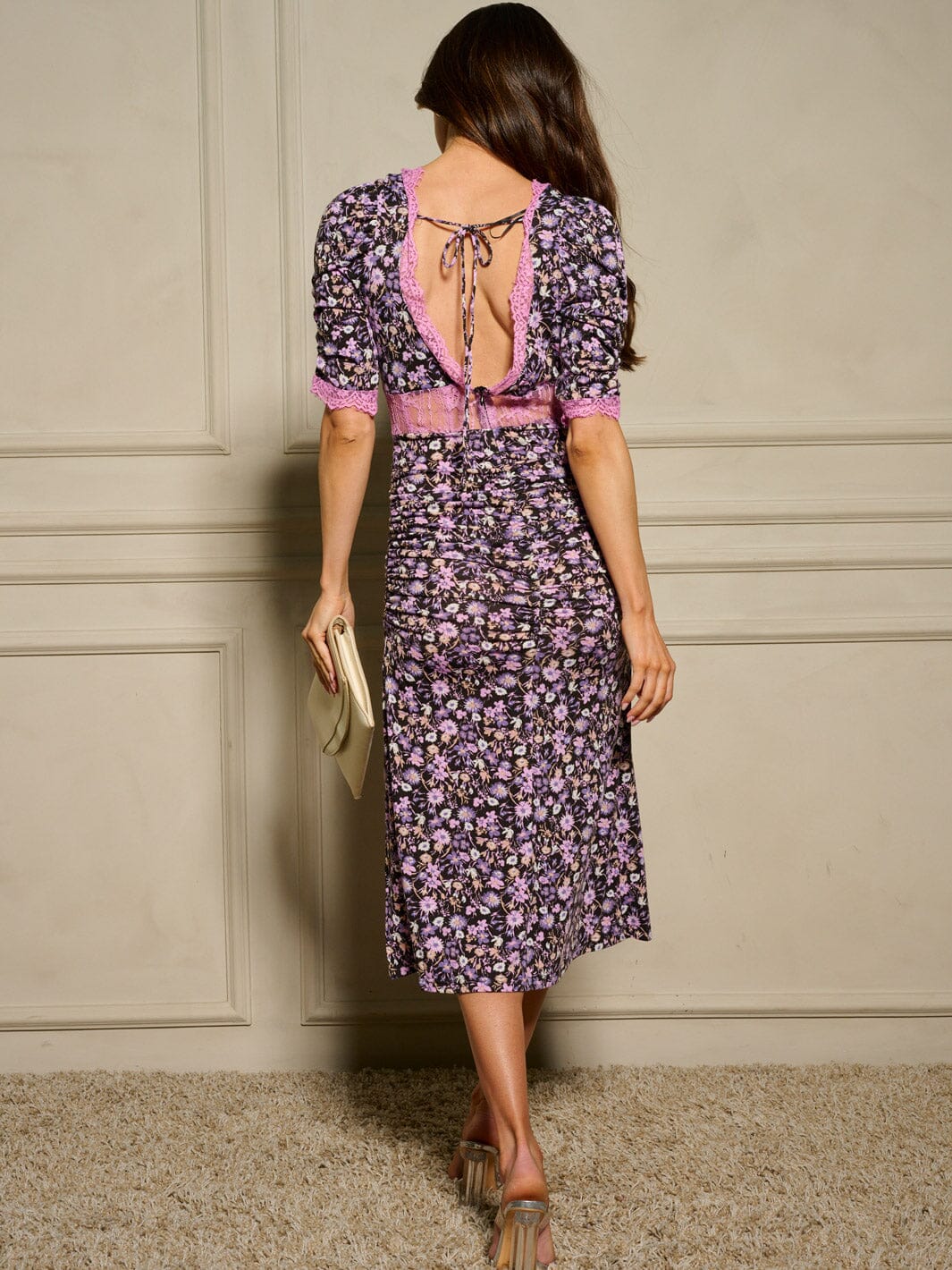 WOMEN'S SHORT SLEEVE V-NECK FRONT SLIT FLORAL MIDI DRESS