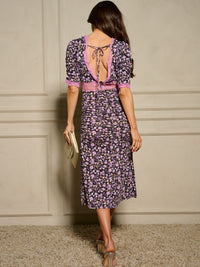 WOMEN'S SHORT SLEEVE V-NECK FRONT SLIT FLORAL MIDI DRESS
