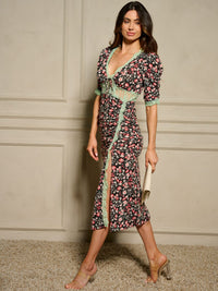 WOMEN'S SHORT SLEEVE V-NECK FRONT SLIT FLORAL MIDI DRESS