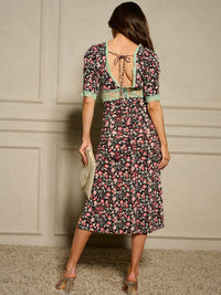 WOMEN'S SHORT SLEEVE V-NECK FRONT SLIT FLORAL MIDI DRESS