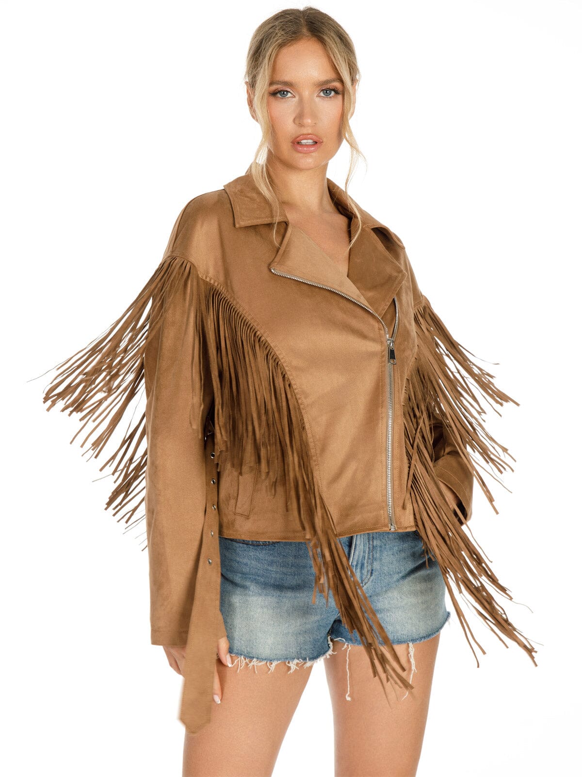 WOMEN'S LONG SLEEVE ZIPPER CLOSURE FRONT POCKETS FRINGE SELF TIE JACKET