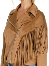 WOMEN'S LONG SLEEVE ZIPPER CLOSURE FRONT POCKETS FRINGE SELF TIE JACKET