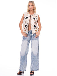 WOMEN'S SLEEVELESS OPEN FRONT TRIM DETAILED EMBROIDERY FLORAL VEST