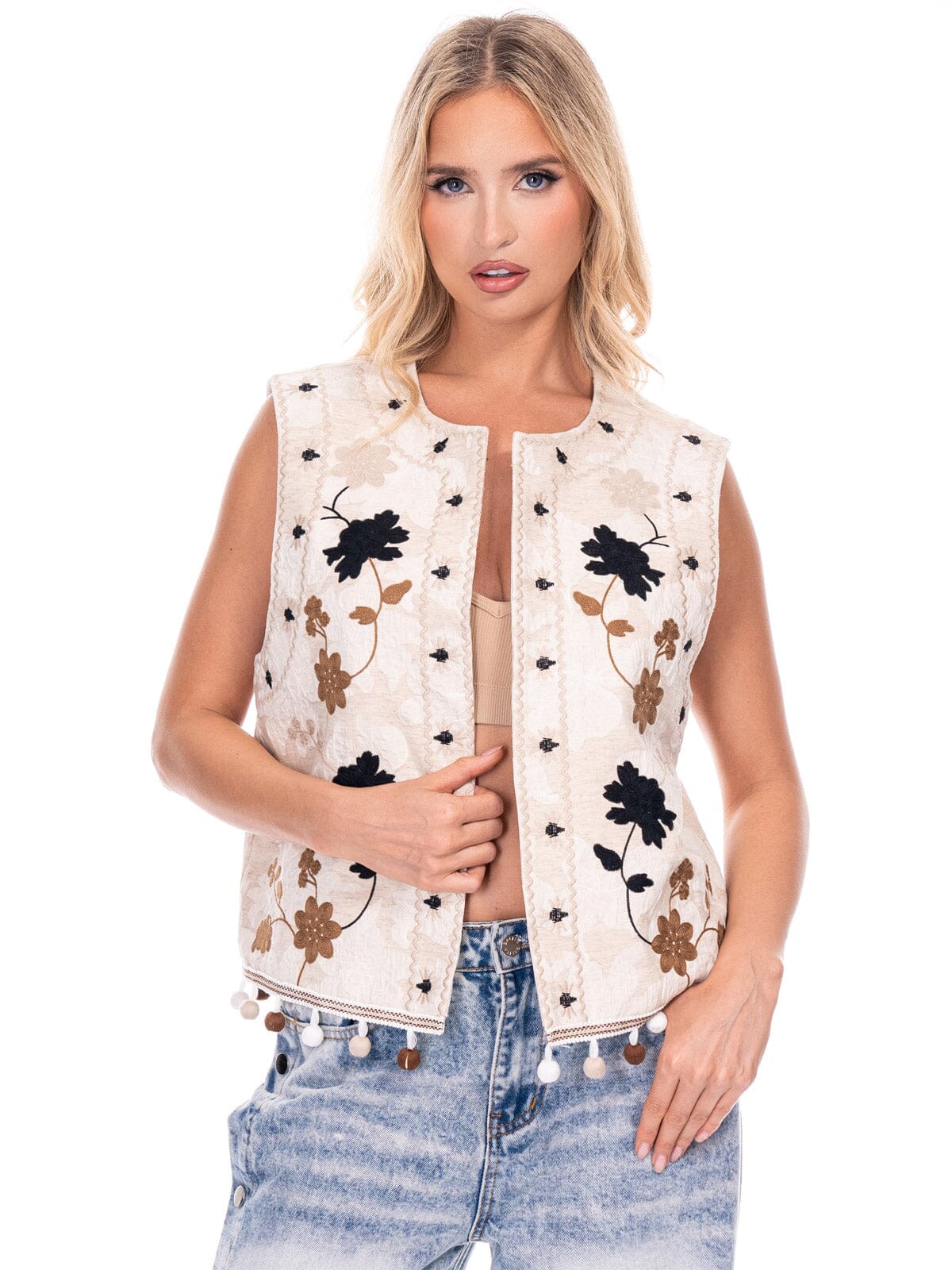 WOMEN'S SLEEVELESS OPEN FRONT TRIM DETAILED EMBROIDERY FLORAL VEST