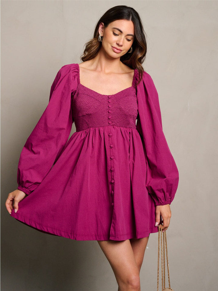 WOMEN'S LONG SLEEVE BUTTONS FIT & FLARE MINI DRESS