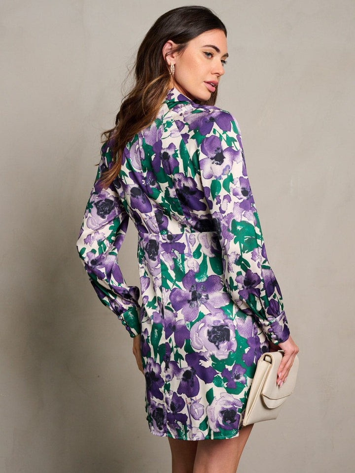 WOMEN'S LONG SLEEVE V-NECK BUTTON UP FLORAL PRINT MINI DRESS