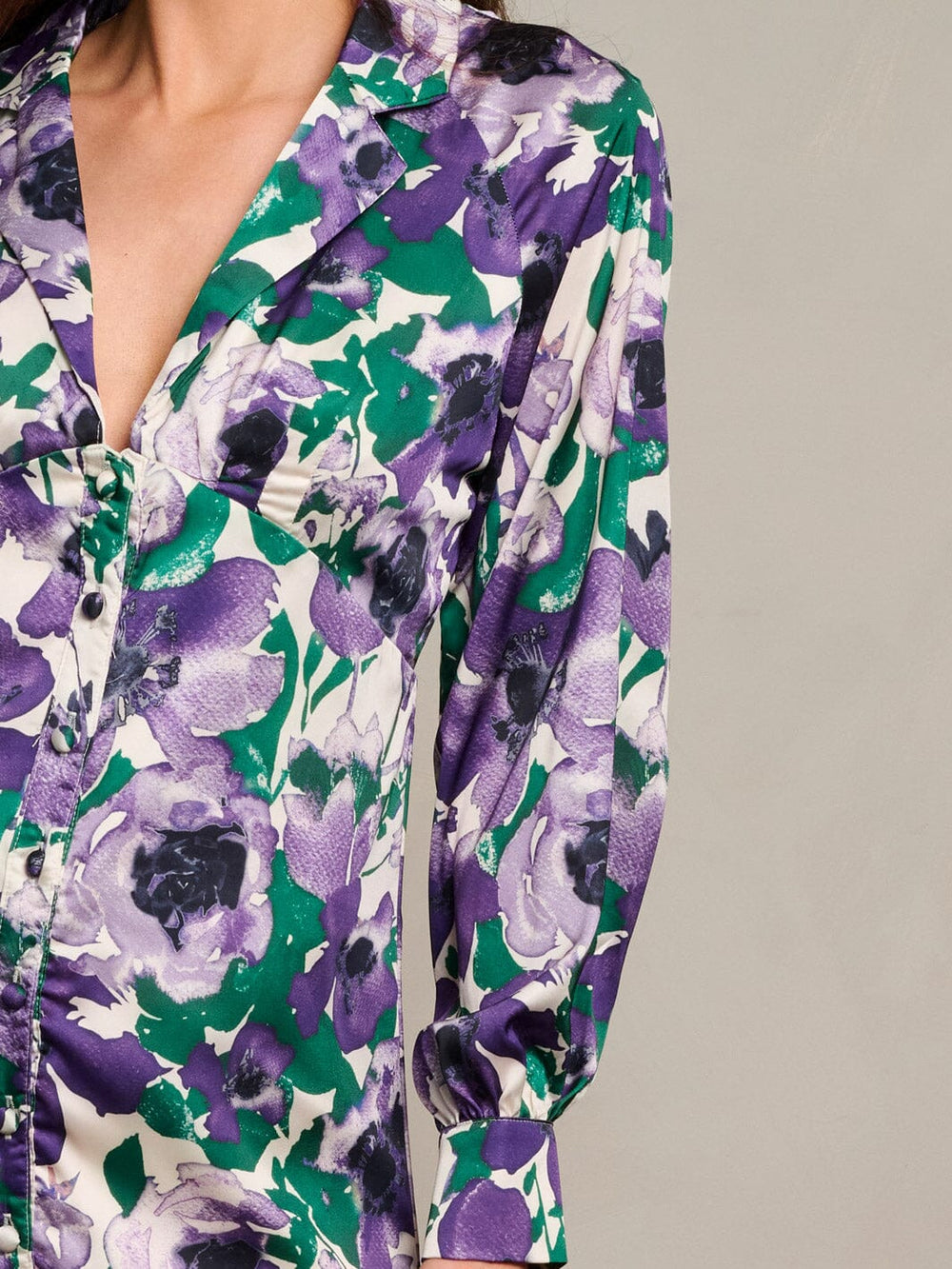 WOMEN'S LONG SLEEVE V-NECK BUTTON UP FLORAL PRINT MINI DRESS