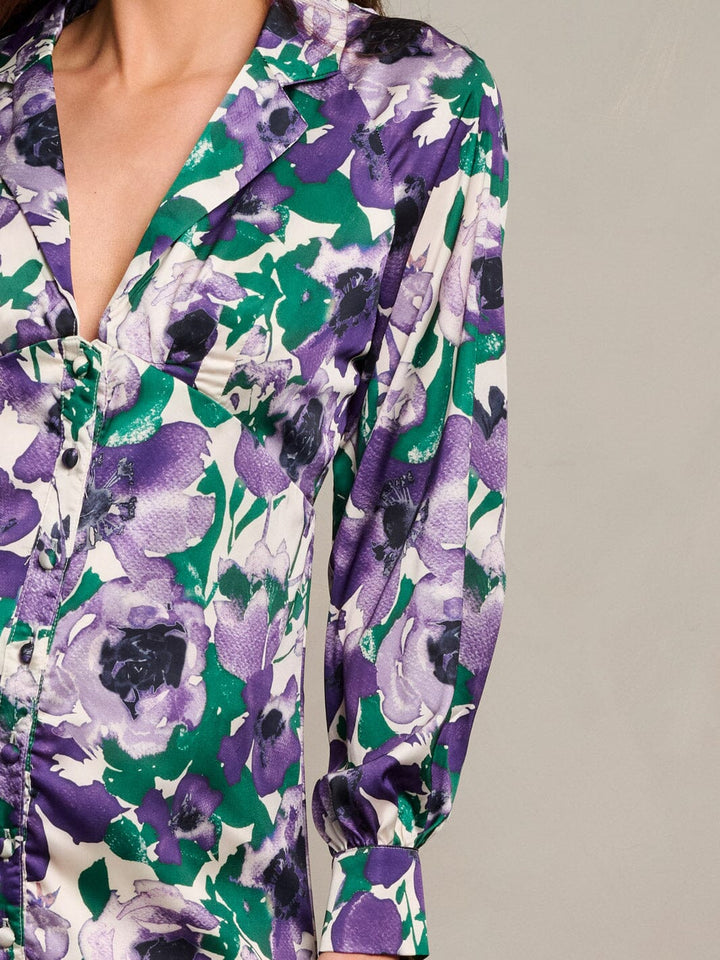 WOMEN'S LONG SLEEVE V-NECK BUTTON UP FLORAL PRINT MINI DRESS